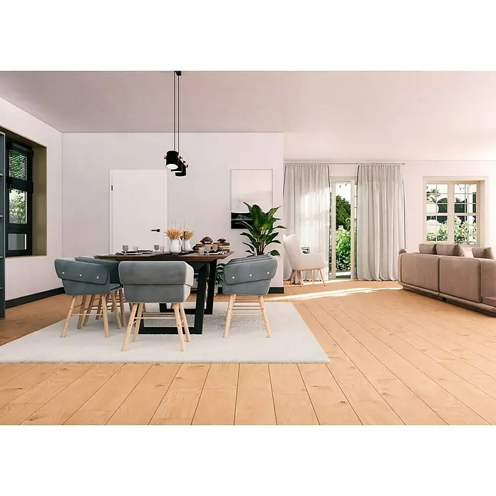 Atlas Concorde Solution Feinsteinzeugfliese Kortex Golden - 20 x 120 cm, Hellbraun, Matt - Ein modernes Esszimmer mit einem Holztisch, grauen Stühlen und einer stilvollen Pendelleuchte. Helle und einladende Atmosphäre.