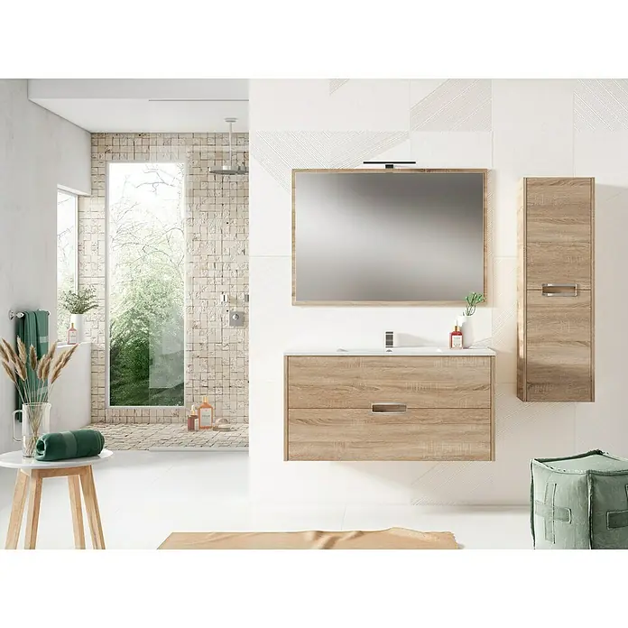 Mueble bajo de lavabo Montana Slim - L x An x Al: 39 x 100 x 50 cm, Roble - Un baño con un mueble de tocador moderno con textura de madera, un espejo y un armario alto a juego, creando un diseño elegante y cohesivo.