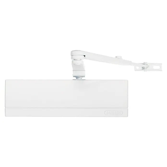 Abus Türschließer AC6124 -  - Ein weißer ABUS Türschließer mit einem Arm, der im rechten Winkel von der Tür absteht. Perfekt für sicheres und kontrolliertes Schließen von Türen.