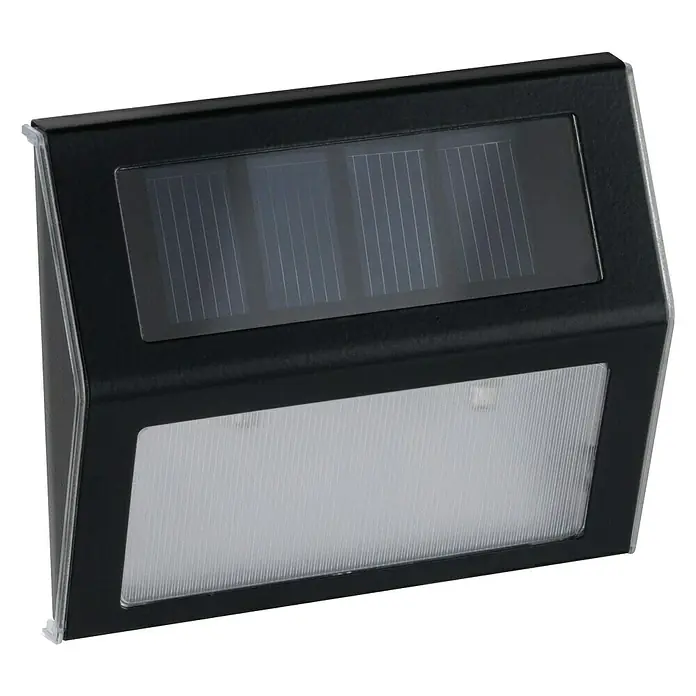 Paulmann Solar-Außenwandleuchte Dayton - 0,05 W, Schwarz, IP44 - Nahaufnahme einer schwarzen, rechteckigen Solarleuchte, die für den Außenbereich geeignet ist. Sie hat ein Solarpanel und ein helles Licht.