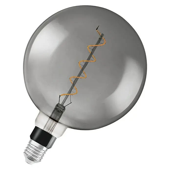 Osram Bombilla LED - E27, Intensidad regulable, Blanco cálido, 150 lm, 4 W, Color: Claro/Negro, Globo - Una bombilla LED redonda con vidrio tintado y un filamento en espiral, ideal para iluminación decorativa.
