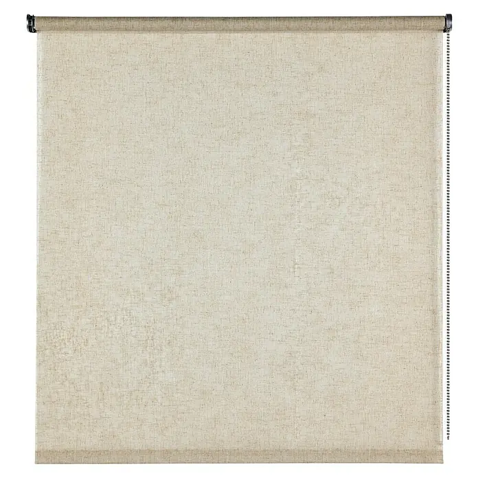 Estor enrollable Rustic - An x Al: 160 x 180 cm, Lino, Unicolor - Imagen de un estor enrollable beige con textura de lona. El estor está completamente extendido, cubriendo la ventana.