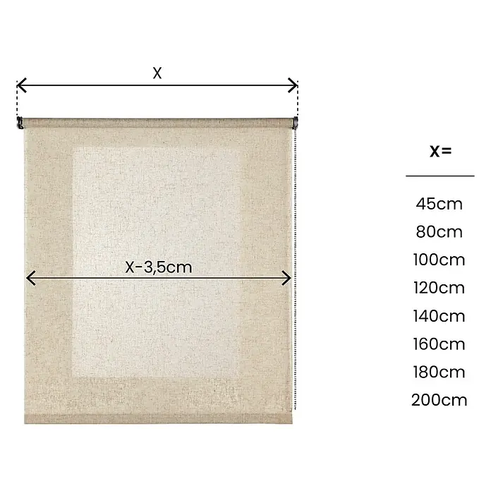 Estor enrollable Rustic - An x Al: 160 x 180 cm, Lino, Unicolor - Ilustración de un estor enrollable con dimensiones. Ideal para amantes del bricolaje y decoradores de interiores que necesitan medidas precisas.