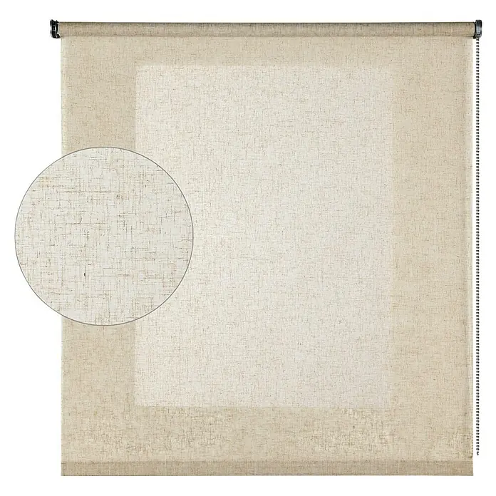 Estor enrollable Rustic - An x Al: 160 x 180 cm, Lino, Unicolor - Primer plano de un estor enrollable beige con una textura fina y un detalle ampliado que destaca el tejido.