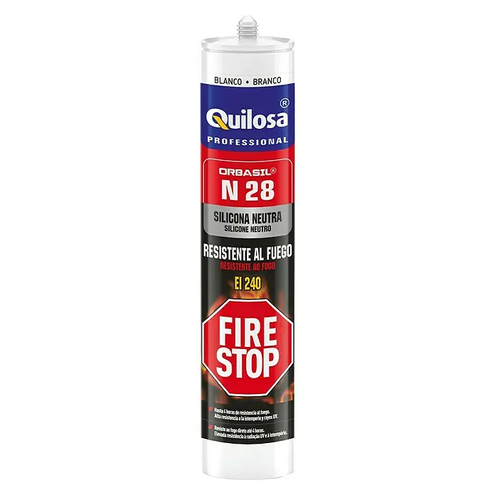 Quilosa Silicona de alta temperatura Orbasil N 28 Fire Stop - Blanco, 300 ml - Silicona blanca ignífuga Quilosa Orbasil N 28, ideal para aplicaciones profesionales, con alta resistencia al fuego y protección UV.