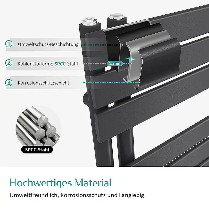 Emke Badheizkörper Flachrohr Handtuchwärmer Heatra - B x H: 50 x 160 cm, Schwarz - Detailaufnahme eines Gartenmöbels aus hochwertigem SPCC-Stahl mit dreifacher Beschichtung für optimalen Schutz und lange Lebensdauer.