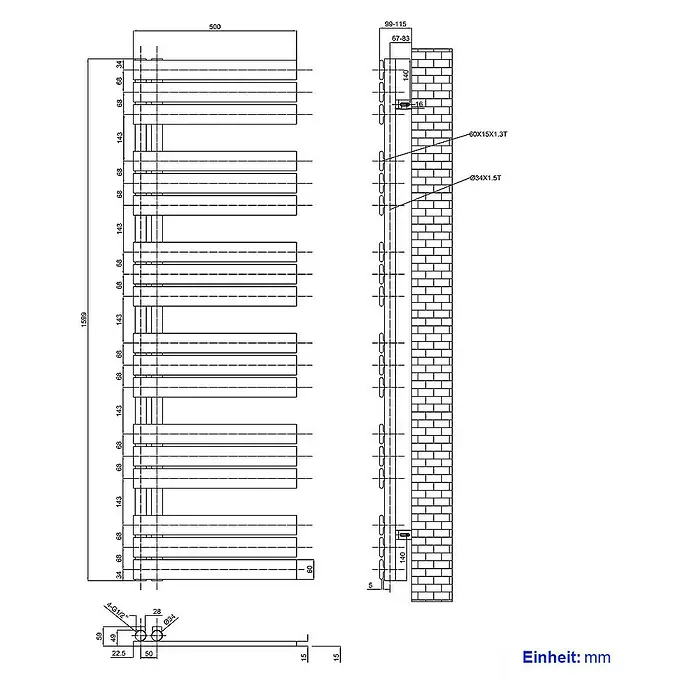 Emke Badheizkörper Flachrohr Handtuchwärmer Heatra - B x H: 50 x 160 cm, Schwarz - Technische Zeichnung eines Heizkörpers mit Maßen und Details zur Wandmontage, inklusive Anschlussdetails und Gesamtansicht.