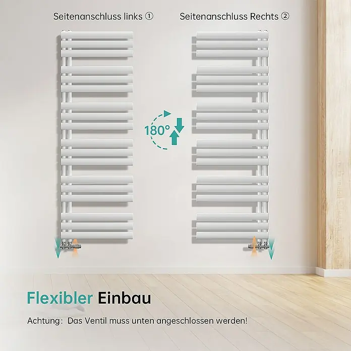 Emke Badheizkörper Elliptische Röhre Ignia SFTR4 - B x H: 40 x 143 cm, Weiß - Das Bild zeigt einen weißen Heizkörper mit seitlichem Anschluss, der flexibel montiert werden kann.
