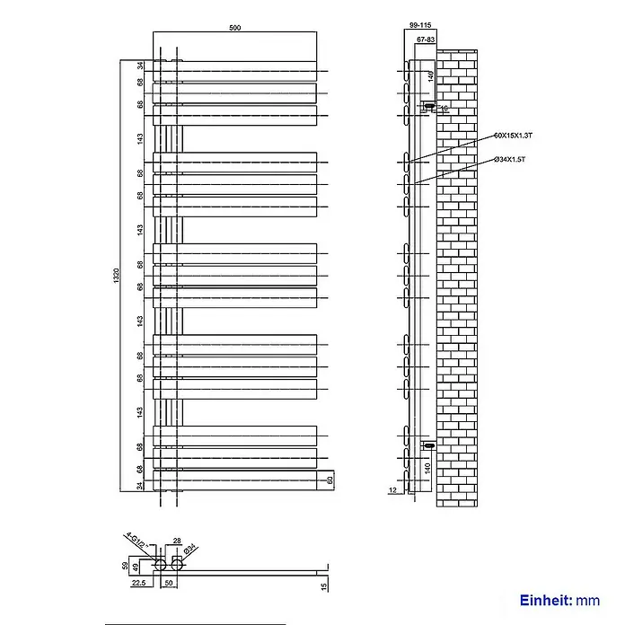 Emke Badheizkörper Flachrohr Handtuchwärmer Heatra - B x H: 50 x 132 cm, Anthrazit - Eine technische Zeichnung eines beheizten Handtuchhalters mit Maßangaben und Wandhalterungsdetails.