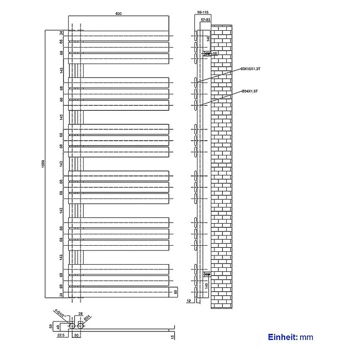 Emke Badheizkörper Flachrohr Handtuchwärmer Heatra - B x H: 60 x 160 cm, Schwarz - Technische Zeichnung eines Heizkörpers mit Maßen, inklusive Wandabstand und Rohranschlüssen.