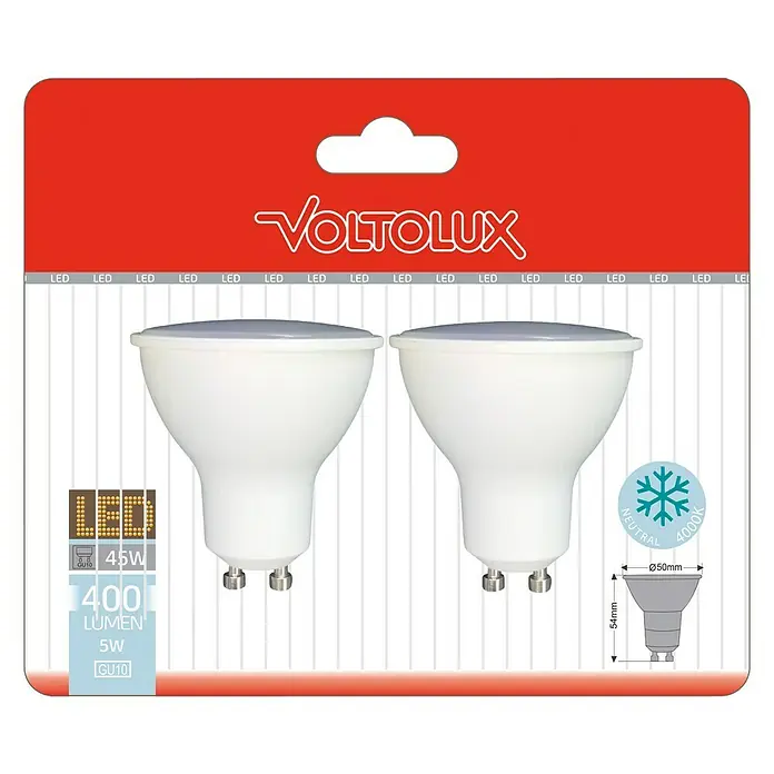 Voltolux Bombilla LED - GU10, No regulable, Blanco neutro, 400 lm, 5 W, 2 ud. - Primer plano de una lámpara LED VOLTOLUX, 5W, base GU10, 400 lúmenes, luz blanca neutra (4000K), ideal para iluminación doméstica.