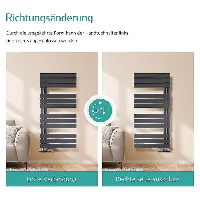 Emke Badheizkörper Flachrohr Handtuchwärmer Heatra - B x H: 40 x 132 cm, Schwarz - Bild zeigt einen Heizkörper, der um 180 Grad gedreht werden kann, um entweder links oder rechts angeschlossen zu werden.