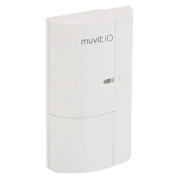Muvit iO Sensor de ventana y puerta - WLAN - Primer plano de un detector de movimiento Muvit iO blanco para interiores. Ideal para el control automático de la luz.