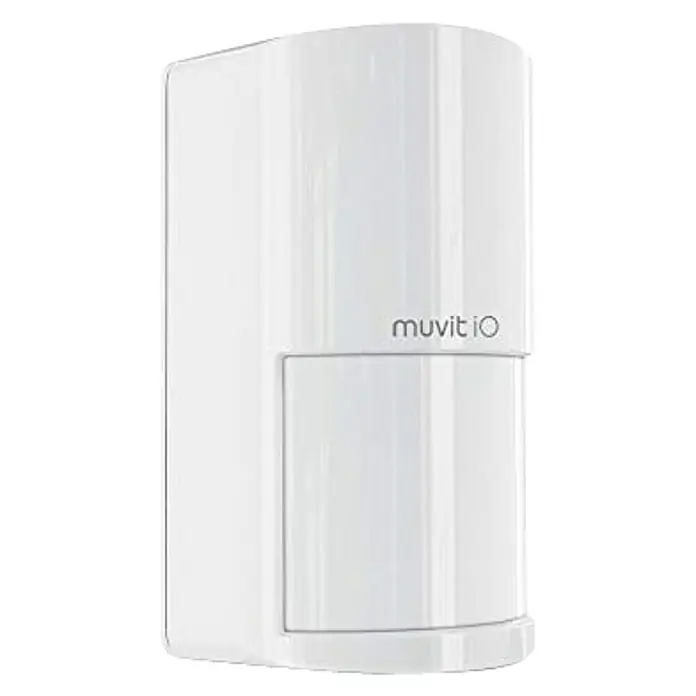 Muvit iO Sensor de movimiento PIR para interiores - Blanco, Ángulo de detección: 110 °, Alcance: 10 m - Primer plano de un detector de movimiento blanco Muvit IO, ideal para asegurar tu hogar.