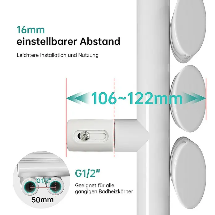 Emke Badheizkörper Elliptische Röhre Ignia SFTR4 - B x H: 60 x 174 cm, Weiß - Bild einer Heizkörperhalterung, die einen einstellbaren Abstand von 16 mm und eine einfache Installation und Nutzung bietet.