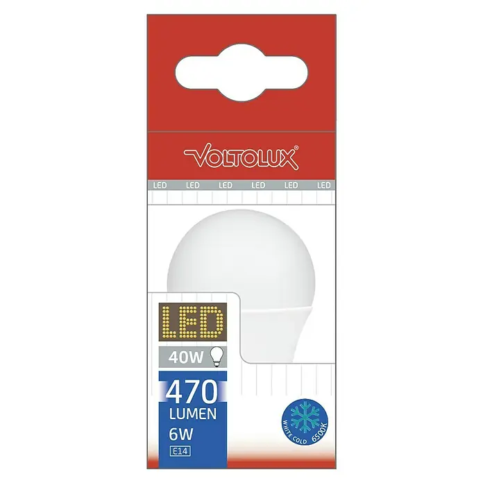 Voltolux Bombilla LED - E14, No regulable, Blanco frío, 470 lm, 6 W, Redonda - Primer plano de una bombilla LED VOLTOLUX de 6W, 470 lúmenes y base E14, que ofrece una temperatura de color de 6500K para luz blanca fría.