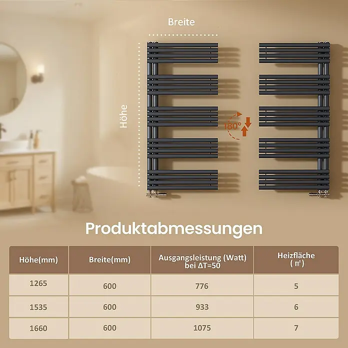 Emke Badheizkörper Rundrohr Handtuchwärmer Warmix - B x H: 60 x 166 cm, Anthrazit - Abbildung eines Heizkörpers mit Größenangaben, Leistung und Heizfläche in einer Tabelle dargestellt.