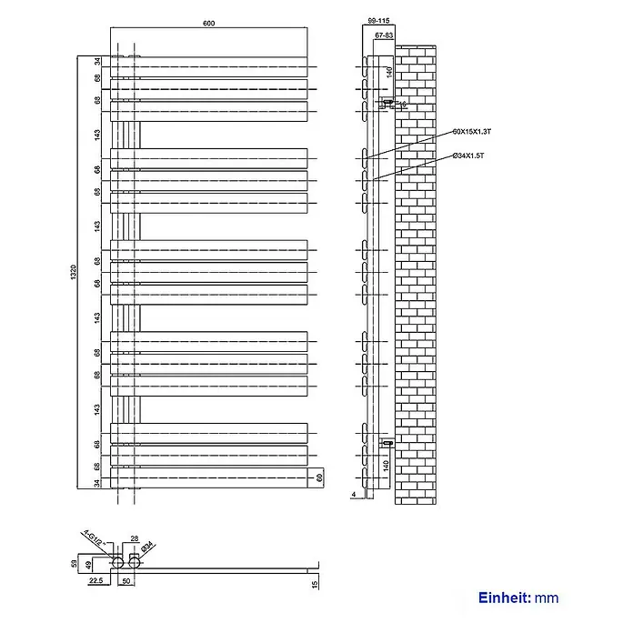 Emke Badheizkörper Flachrohr Handtuchwärmer Heatra - B x H: 60 x 132 cm, Weiß - Darstellung eines Heizkörpers mit detaillierten Maßangaben, einschließlich Wandabstand und Rohrdurchmesser.