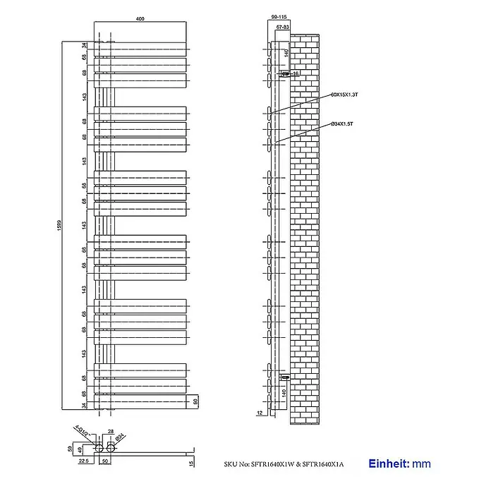 Emke Badheizkörper Flachrohr Handtuchwärmer Heatra - B x H: 40 x 160 cm, Anthrazit - Technische Zeichnung eines SFTR1640X1W & SFTR1640X1A Heizkörpers mit Abmessungen und Details zur Installation an einer Wand.