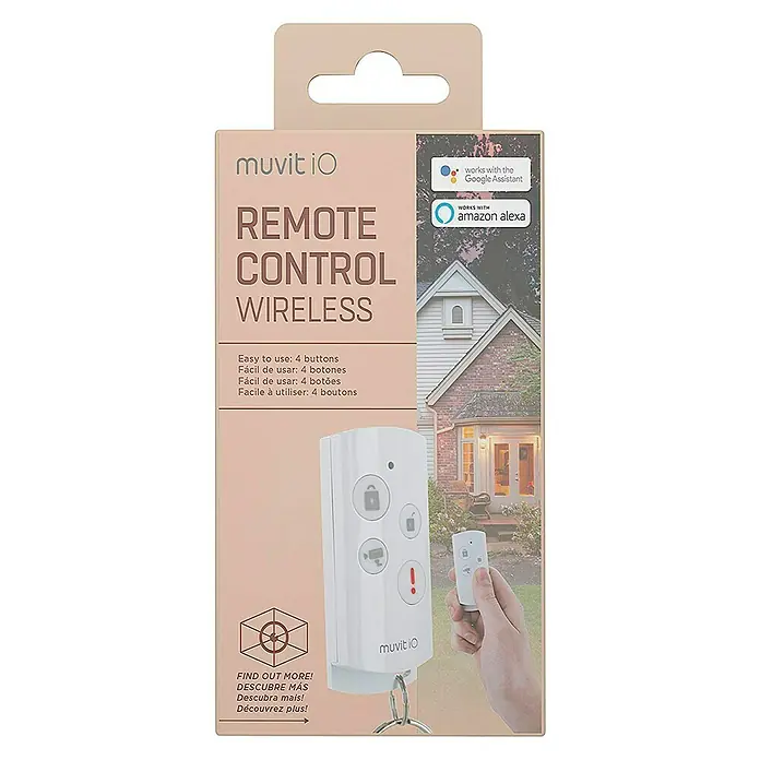 Muvit iO Control remoto para sistema de alarma - Blanco - El producto Muvit iO Remote Control Wireless en su embalaje, destacando su facilidad de uso y compatibilidad con Google Assistant.