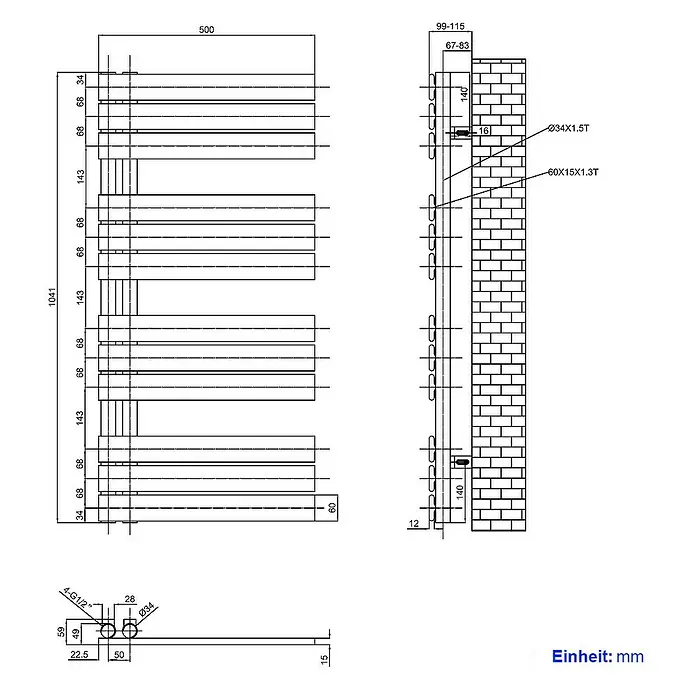 Emke Badheizkörper Flachrohr Handtuchwärmer Heatra - B x H: 50 x 104 cm, Anthrazit - Technische Zeichnung eines Heizkörpers mit Maßen und Details zur Wandmontage.