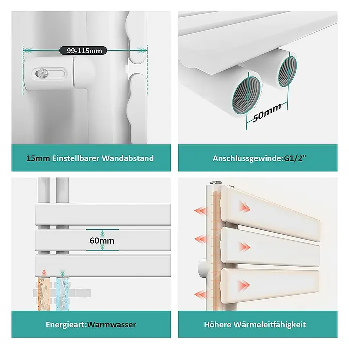 Emke Badheizkörper Flachrohr Handtuchwärmer Heatra - B x H: 60 x 104 cm, Weiß - Detailaufnahme eines weißen Heizkörpers mit Maßangaben zu Wandabstand, Anschlussgewinde und Lamellenabstand.