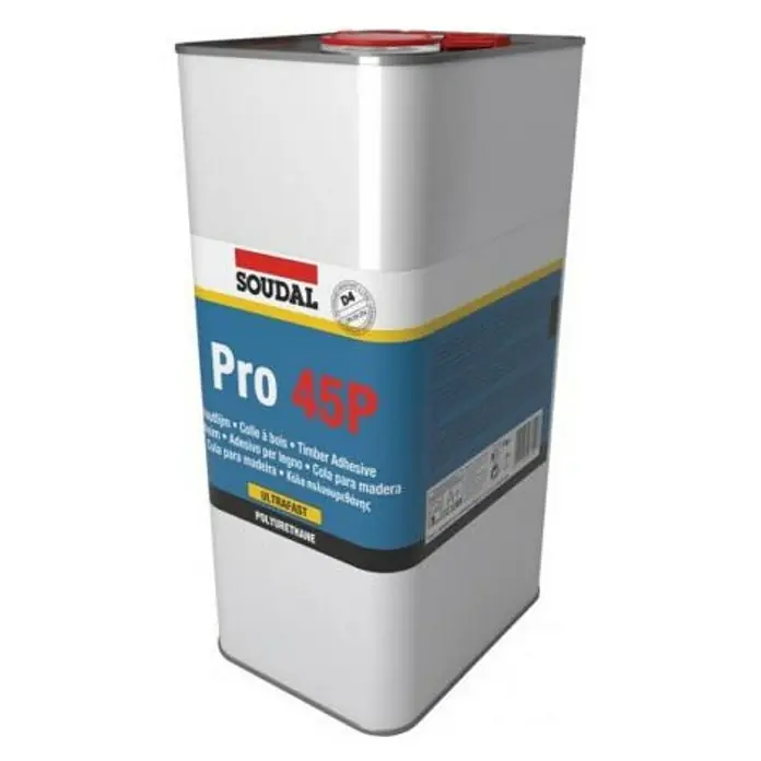 Soudal Holzleim - 5.000 g - Großer Soudal Pro 45P Holzleimbehälter in Weiß mit blauem Etikett und rotem Deckel.