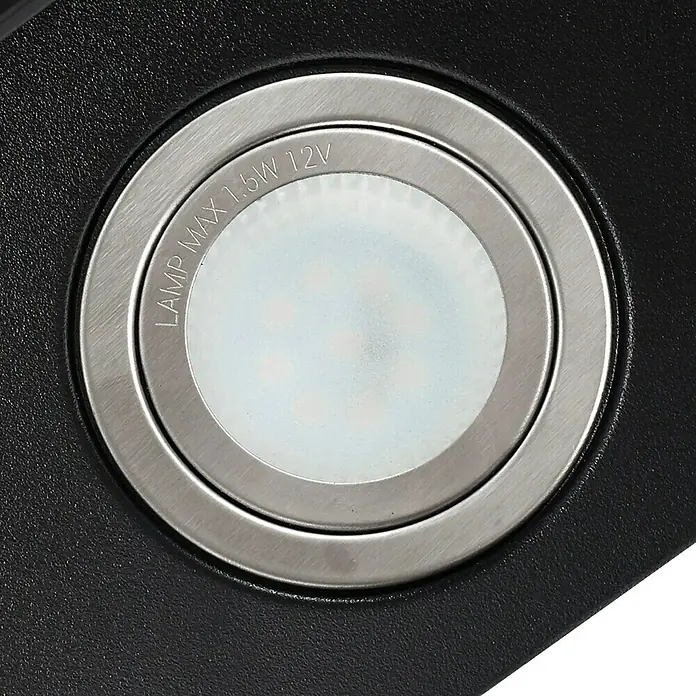 Respekta Schräghaube Hera - Breite: 59,5 cm, Max. Gebläseleistung Abluftbetrieb: 567,9 m³/h, Schwarz/Silber - Nahaufnahme einer runden LED-Lampe mit der Aufschrift "LAMP MAX 1.5W 12V" in einem schwarzen Gehäuse.