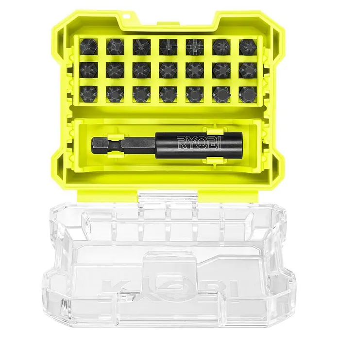 Ryobi Bit-Set RARXSD22 - Bitlänge: 25 mm, 22 -tlg. - Ryobi Bit-Set mit verschiedenen Schrauberbits und Bithalter in gelber Kunststoffbox mit transparentem Deckel für Heimwerker und Profis.