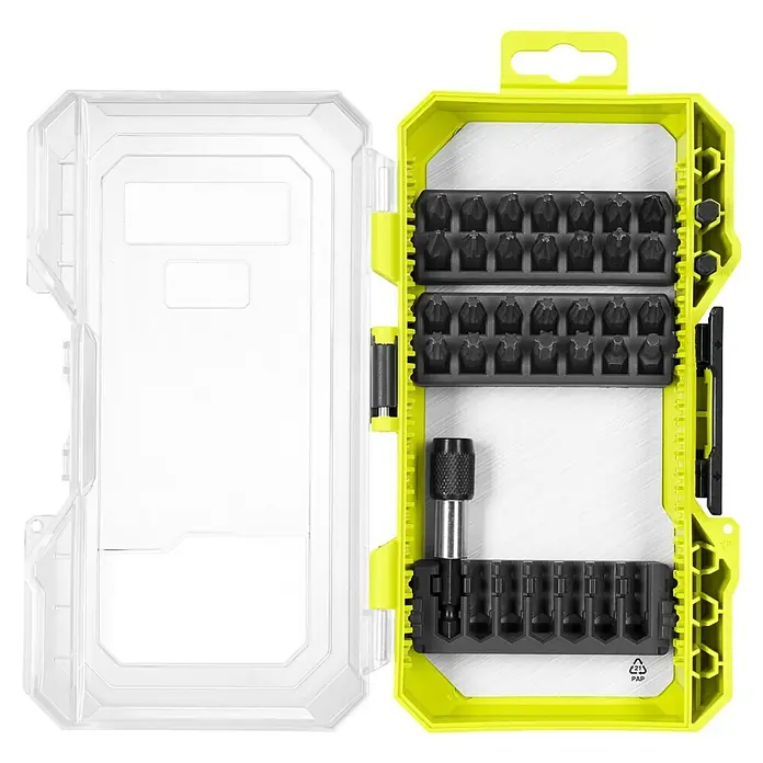 Ryobi Bit-Set RARXSD31 - Bitlänge: 25 mm, 31 -tlg. - Ein offener Werkzeugkasten mit einer Auswahl an Schraubendreherbits in einem gelb-schwarzen Gehäuse.