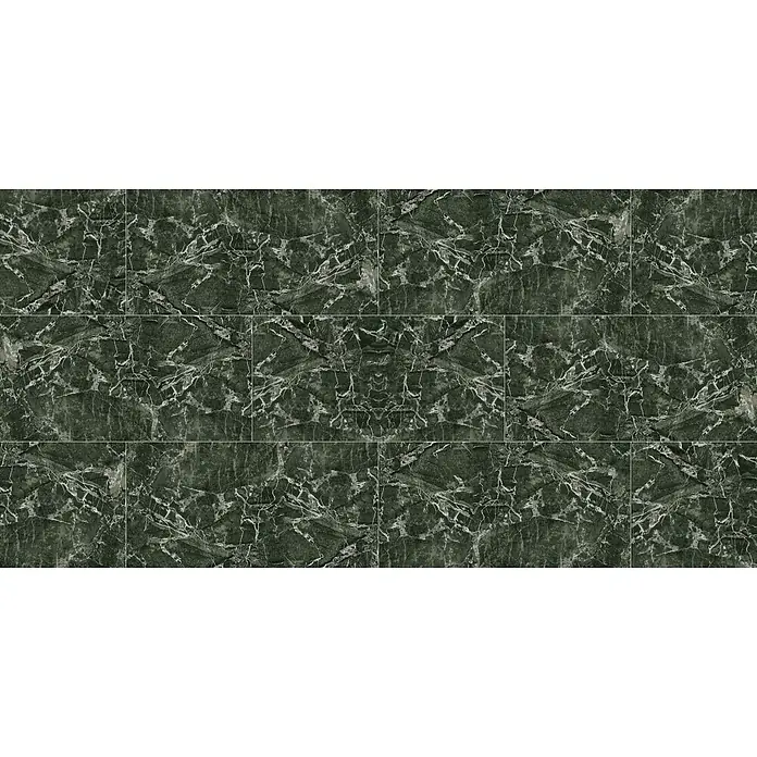 Atlas Concorde Solution Marble Vison Feinsteinzeugfliese Verde Bosco - 60 x 120 cm, Grün, Glänzend - Detailansicht von smaragdgrünen Marmorfliesen mit markanten weißen Adern, ideal für elegante Boden- und Wandgestaltungen.