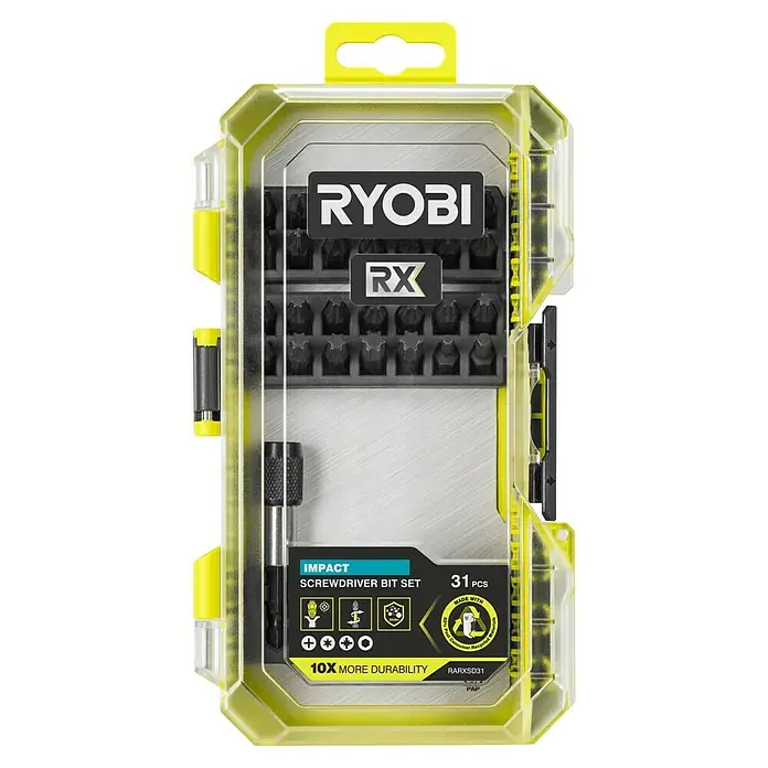 Ryobi Bit-Set RARXSD31 - Bitlänge: 25 mm, 31 -tlg. - Ein gelbes Ryobi RX 31-teiliges Impact Schraubendreher-Bit-Set, das für mehr Haltbarkeit entwickelt wurde und recycelte Materialien enthält.