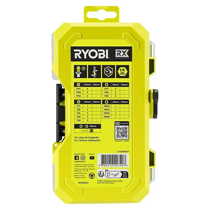 Ryobi Bit-Set RARXSD31 - Bitlänge: 25 mm, 31 -tlg. - RX Zubehörsatz von Ryobi, ideal zum Schrauben und Bohren. Das Set bietet eine Vielzahl von Bits für unterschiedliche Schraubenarten.