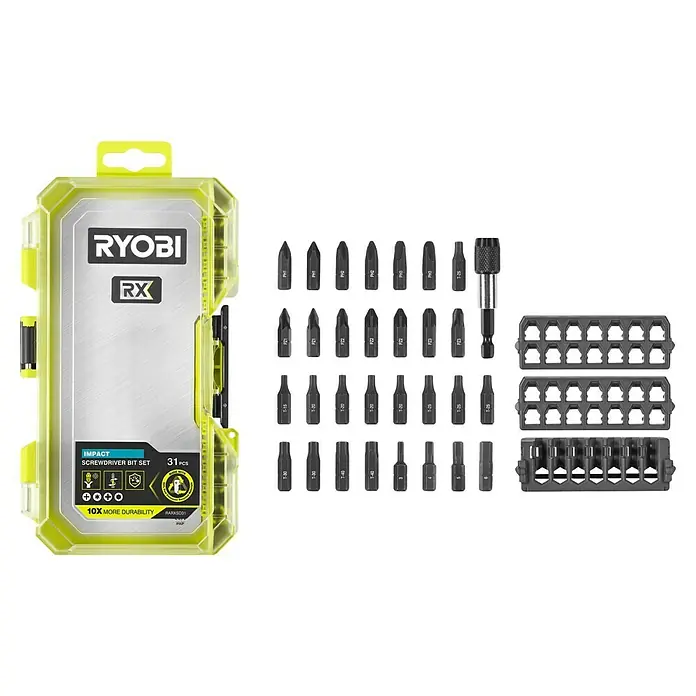 Ryobi Bit-Set RARXSD31 - Bitlänge: 25 mm, 31 -tlg. - Ryobi RX 31-teiliges Impact Schraubendreher-Bit-Set mit robustem, gelb umrandetem Gehäuse und verschiedenen Bits für Schraubarbeiten.