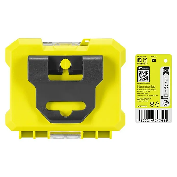 Ryobi Bit-Set RARXSD22 - Bitlänge: 25 mm, 22 -tlg. - Nahaufnahme einer gelben Werkzeugkiste mit schwarzem Clip und Etikett mit Barcode und Informationen zum Hersteller.