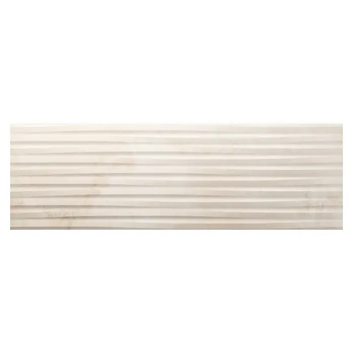 Wandfliese Gabana Dekor - 30 x 90 cm, Bone, Matt - Nahaufnahme einer dekorativen 3D-Wandfliese in Beige mit einem eleganten Wellenmuster für moderne Innenräume.