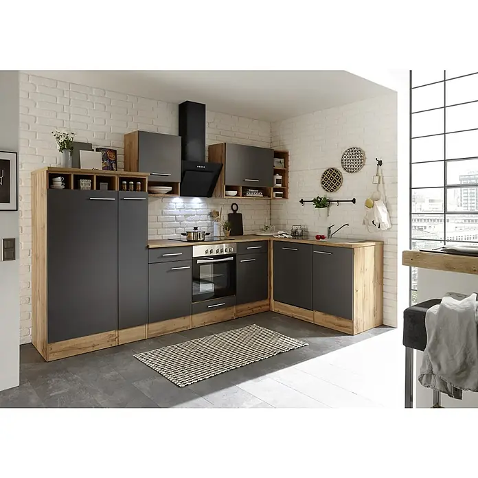 Respekta Cocina esquinera Hilde - Ancho: 310 cm, Gris, Efecto madera, Con electrodomésticos - Cocina moderna con gabinetes negros y detalles en madera, ideal para espacios de vida contemporáneos. La cocina es elegante y funcional.