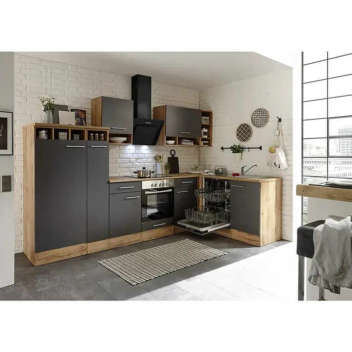 Respekta Cocina esquinera Hilde - Ancho: 310 cm, Gris, Efecto madera, Con electrodomésticos - Cocina moderna con armarios oscuros, detalles de madera y un lavavajillas abierto, que ofrece una solución de espacio elegante y funcional.