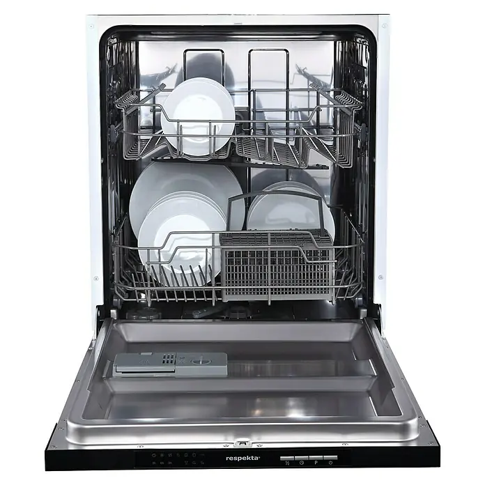 Respekta Premium Cocina esquinera Anton - An x Pr: 220 x 172 cm, Blanco, Con electrodomésticos - Lavavajillas Respekta abierto y lleno de platos. El electrodoméstico es blanco con interior plateado.