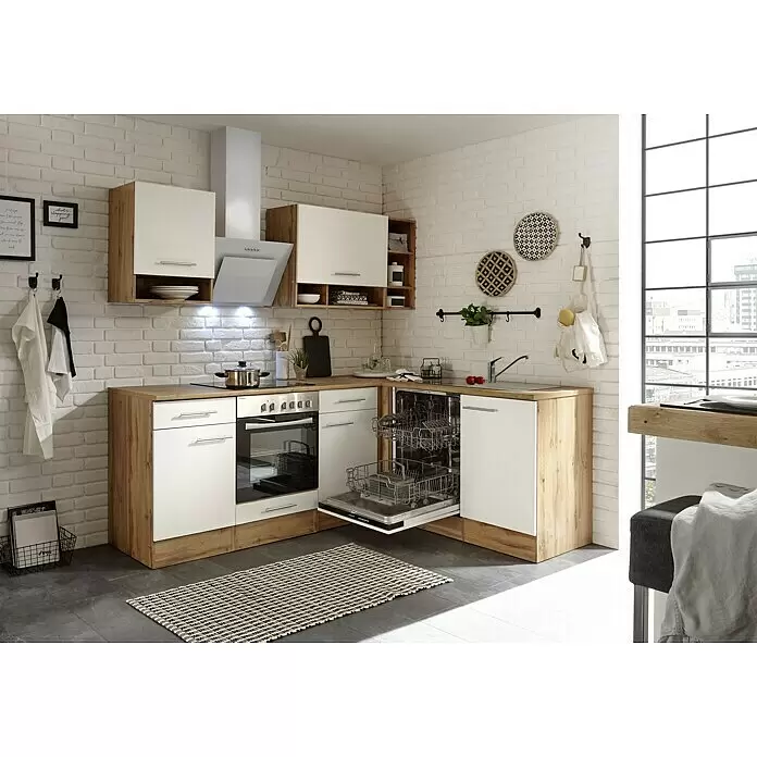 Respekta Cocina esquinera Hilde - Ancho: 220 cm, Blanco, Mate, Efecto madera, Con electrodomésticos - Cocina moderna con frentes blancos, carcasas con aspecto de madera y encimera con efecto de madera, con electrodomésticos integrados.