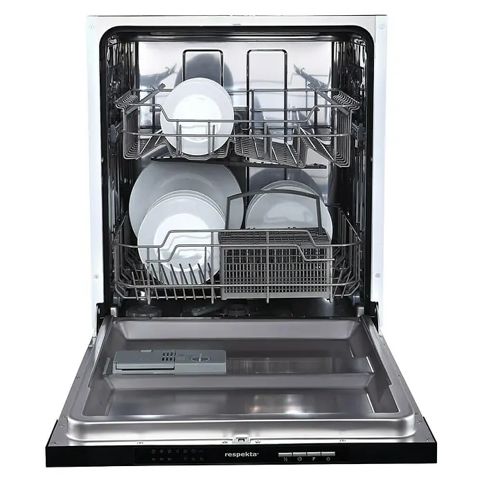 Respekta Premium Cocina esquinera Anton - An x Pr: 310 x 172 cm, Blanco, Con electrodomésticos - Lavavajillas Respekta abierto con vajilla dentro. El electrodoméstico tiene dos cestas para platos y utensilios. Panel de control negro abajo.