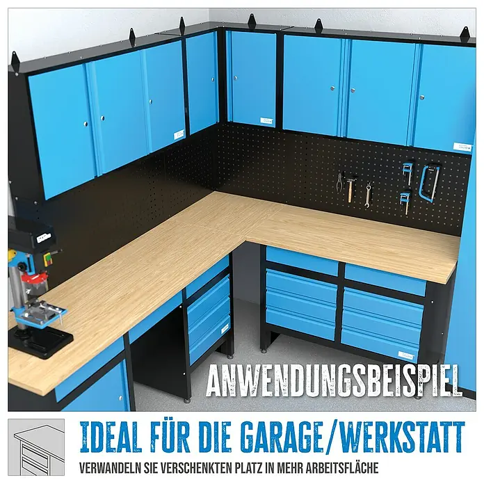 Güde Werkbank Eckplatte GWP 600E - L x B: 60 x 60 cm, Arbeitshöhe: 3 cm, Belastbarkeit: 30 kg, Braun, Schwarz - Werkstatteinrichtung mit Werkbank und blau-schwarzen Schränken für Garage/Werkstatt. Optimale Arbeitsfläche und Stauraum.