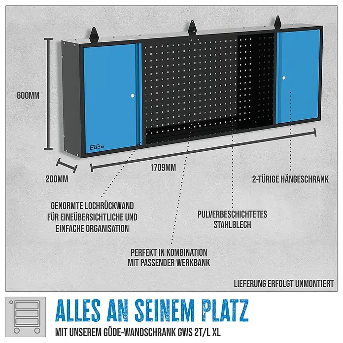 Güde Hängeschrank GWS 2T/L XL - L x B x H: 170,9 x 20 x 60 cm - Produktbild des Güde-Wandschranks GWS 2T/L XL mit seinen Abmessungen. Praktischer Hängeschrank für die Werkstatt.