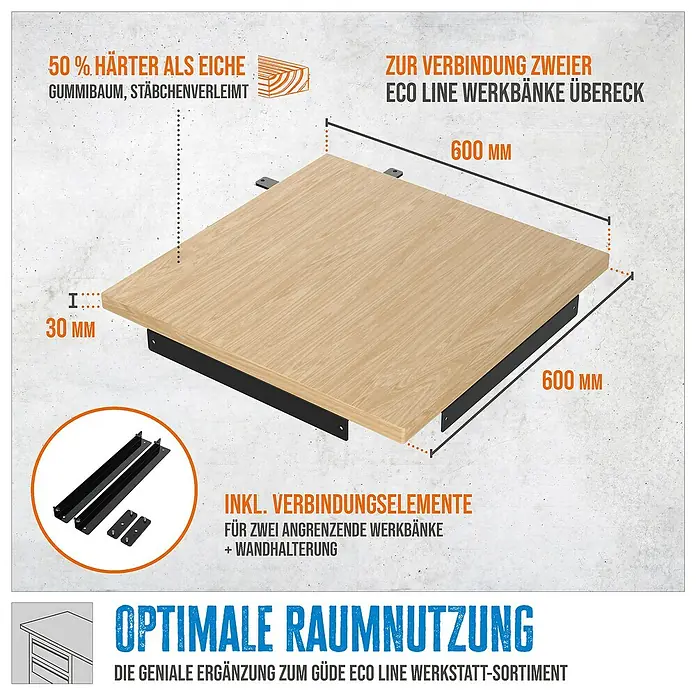 Güde Werkbank Eckplatte GWP 600E - L x B: 60 x 60 cm, Arbeitshöhe: 3 cm, Belastbarkeit: 30 kg, Braun, Schwarz - Produktbild einer Eckverbindungsplatte für zwei Eco Line Werkbänke, die optimale Raumnutzung in der Werkstatt ermöglicht.