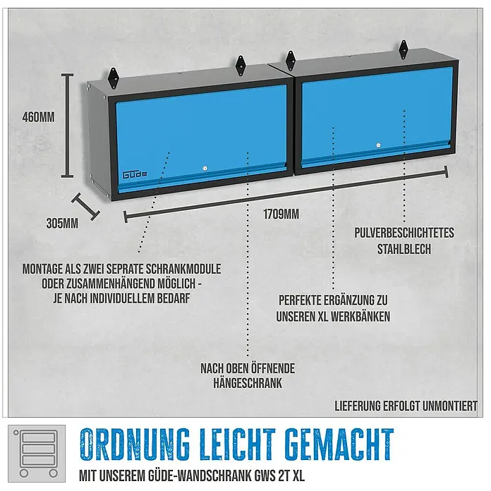 Güde Hängeschrank GWS 2T XL - L x B x H: 170,9 x 30,5 x 46 cm - Abbildung eines grauen Güde-Wandschranks GWS 2T XL mit blauen Türen und Maßangaben.
