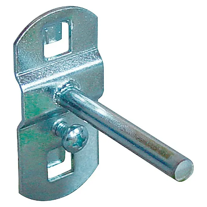 Güde Werkzeughalter - 50 mm - Produktbild eines Regalbodenträgers aus Metall mit Stift und Schraube zur Befestigung. Ideal für Regalsysteme.