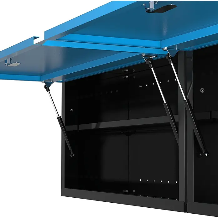 Güde Hängeschrank GWS 2T XL - L x B x H: 170,9 x 30,5 x 46 cm - Blaue Werkbank mit schwarzem Korpus und geöffneter Klappe mit Gasdruckdämpfern. Ideal für Werkstatt und Hobbyraum zur Werkzeugaufbewahrung.