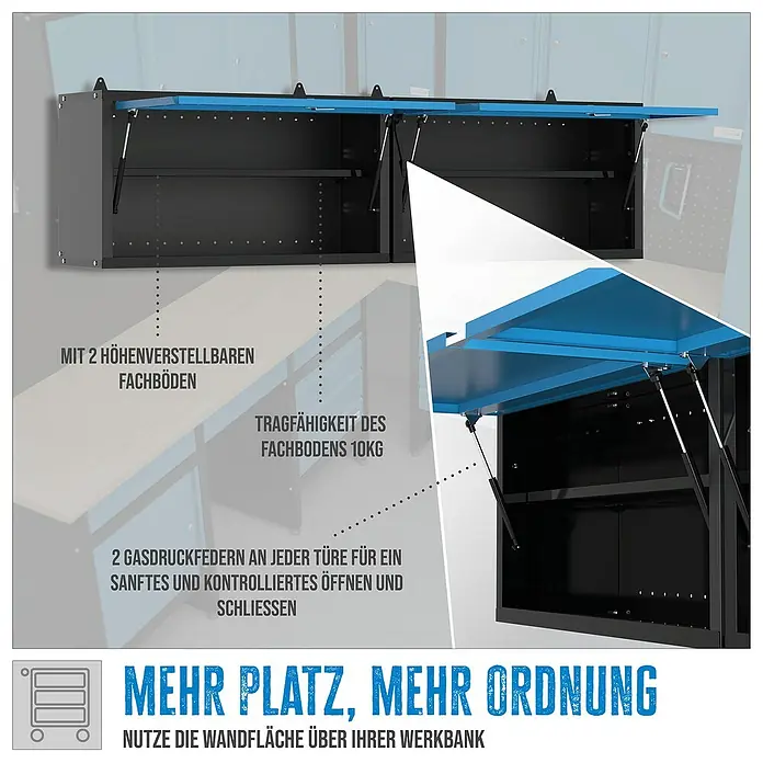 Güde Hängeschrank GWS 2T XL - L x B x H: 170,9 x 30,5 x 46 cm - Produktbild eines Werkstattschranks mit blauer Klappe, der an der Wand montiert wird und zusätzlichen Stauraum in der Werkstatt bietet.