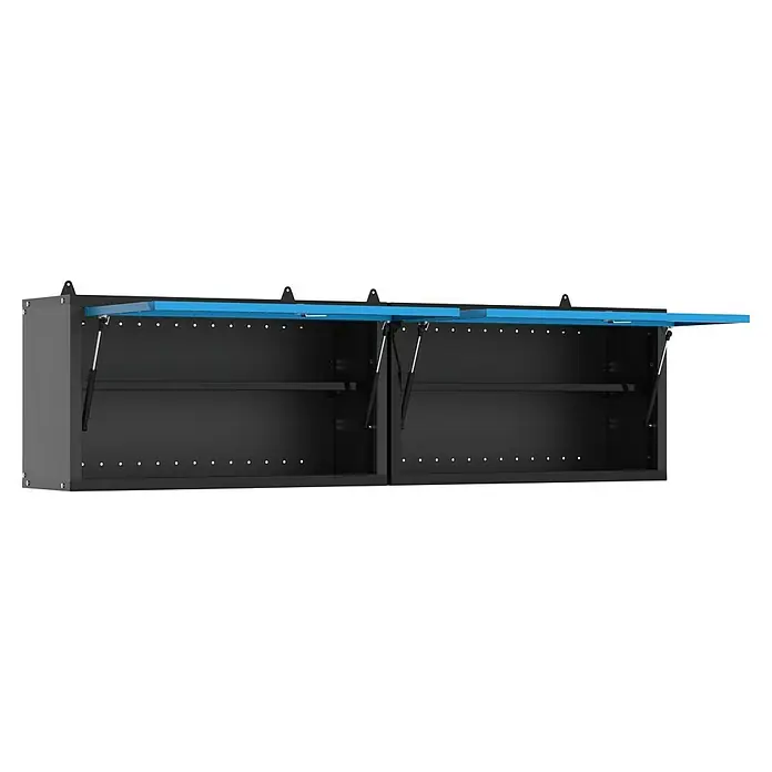 Güde Hängeschrank GWS 2T XL - L x B x H: 170,9 x 30,5 x 46 cm - Zwei graue Werkstattschränke mit blauen Klappen. Die Schränke sind an einer Wand befestigt und bieten Stauraum für Werkzeuge und andere Gegenstände.