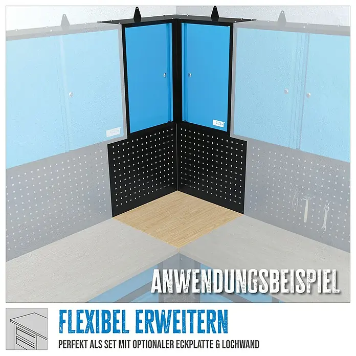 Güde Eck-Hängeschrank GWES 2TE - Anzahl Böden: 2 Stk. - Produkt-Eck-Set mit Lochwand und blauen Schränken zur optimalen Ecknutzung in Werkstatt oder Garage. Flexibel erweiterbar und robust.